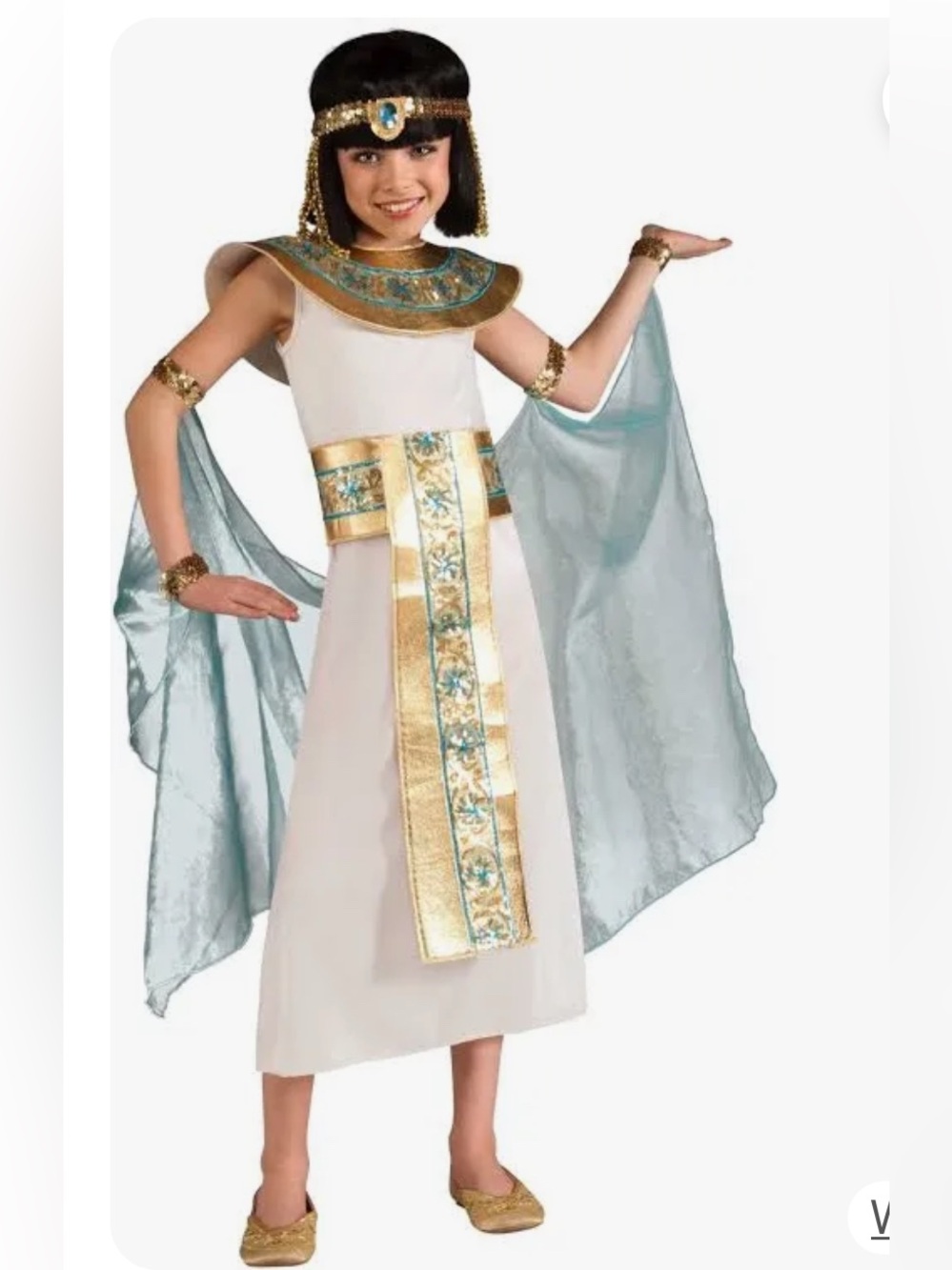 Girls White and Gold Egyptian Cleopatra Costume with Aqua Cape